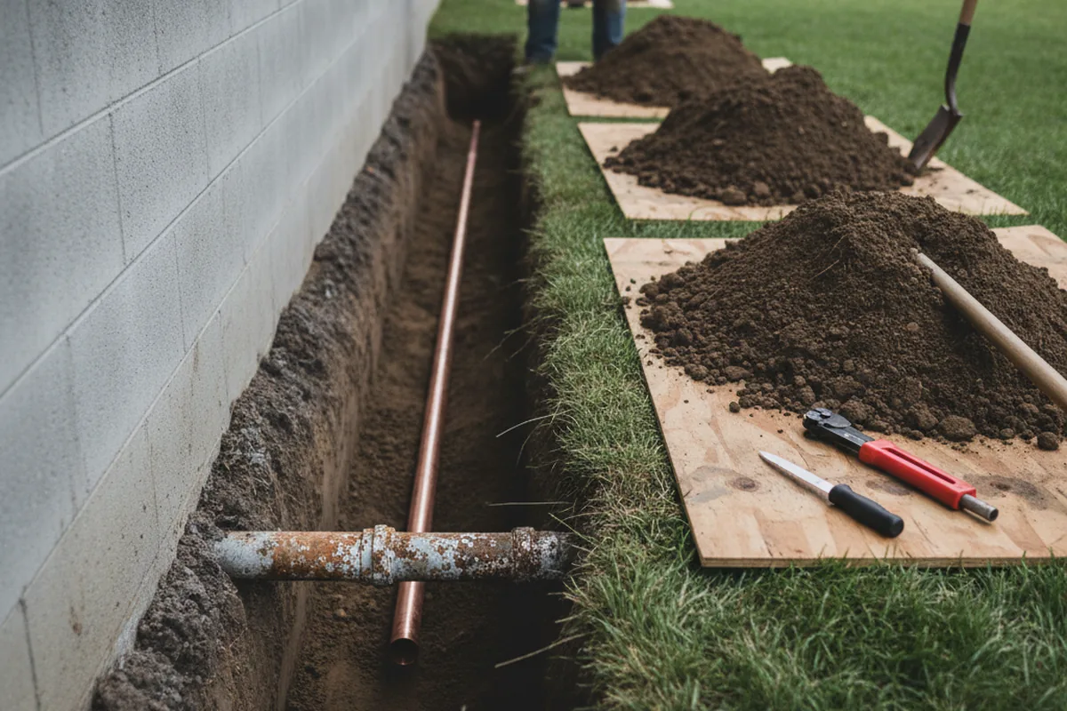Excavated water line trench during Water Heater Repair in Oakland Mills